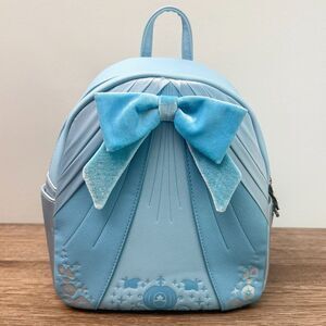 Loungefly Disney Cinderella Mini Backpack Blue Velvet Bow Castle Bag EUC
